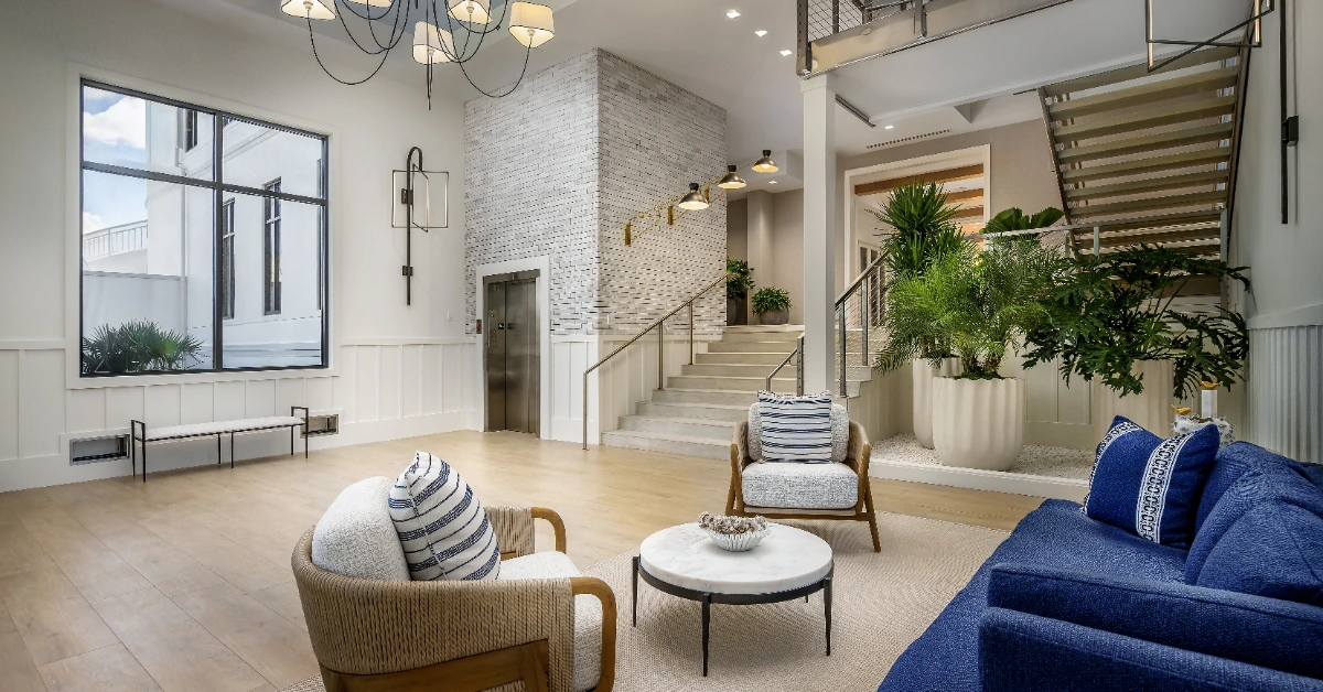 Modern lounge with seating staircase and indoor plants